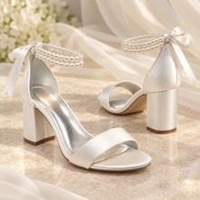 Load image into Gallery viewer, Ivory Satin Bridal Sandals with Pearl Ankle Detail | Three Heel Options
