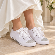 Load image into Gallery viewer, Personalised Bridal Trainers with Crystal Toes and Satin Ribbon Laces
