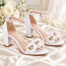 Load image into Gallery viewer, White Floral Bridal Sandals – Block-Heel Wedding Shoes | 4 cm, 7 cm or 9 cm
