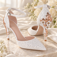 Load image into Gallery viewer, White Glitter Cherry-Blossom Bridal Sandals – 9.5 cm
