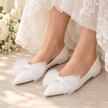 Load image into Gallery viewer, White Rock Glitter Bridal Flats | Pointed Toe Shoes with Tulle Bow

