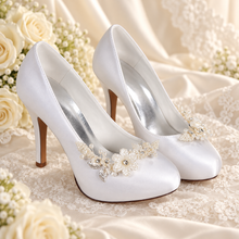 Load image into Gallery viewer, White Satin Bridal Heels – Removable Floral Shoe Clip Wedding Shoes
