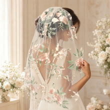 Load image into Gallery viewer, Wild Rose Embroidered Bridal Veil | Soft Wedding Veil with Comb
