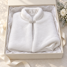 Load image into Gallery viewer, Winter White Faux-Fur Bridal Cape with Crystal Clasp
