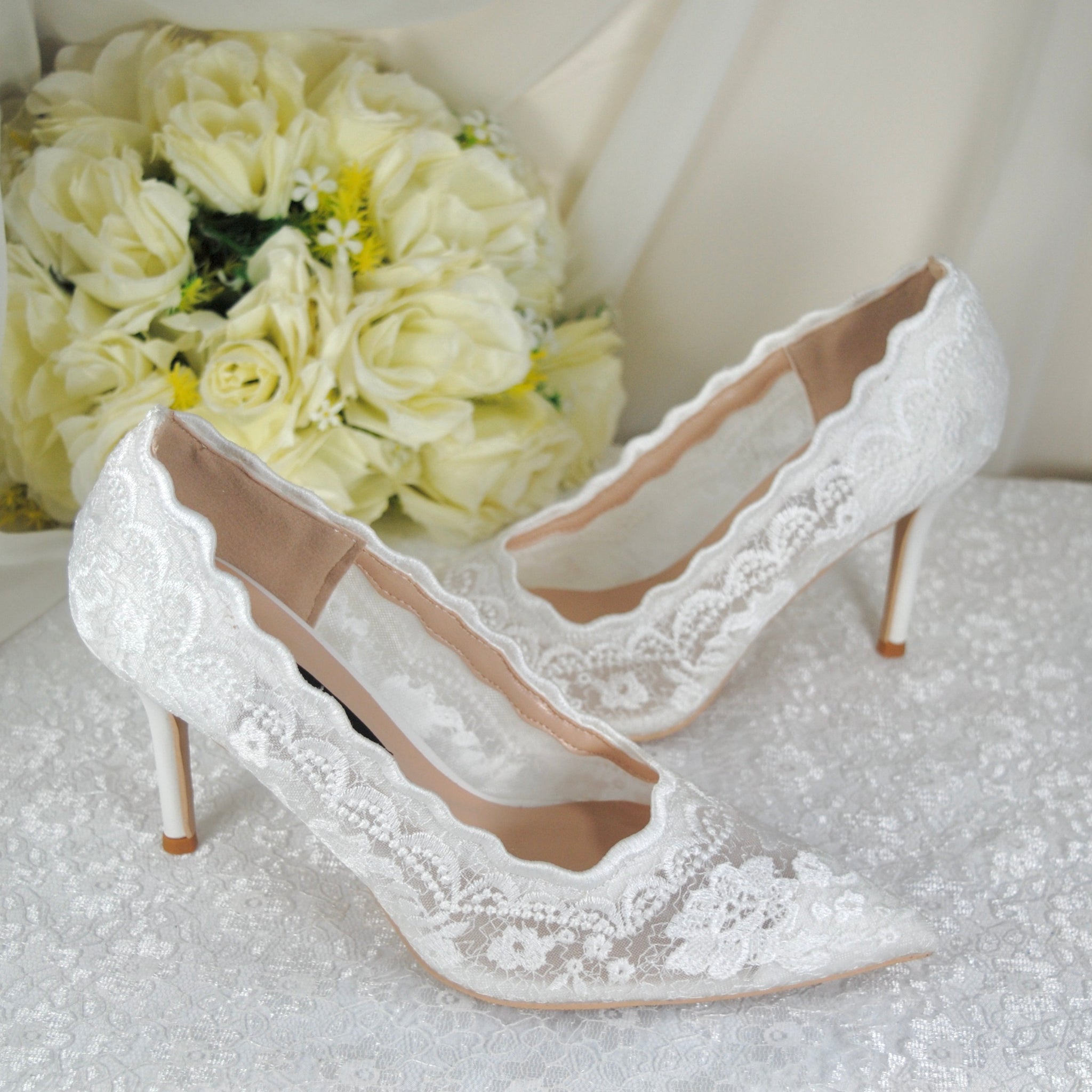 White shops lace bridal shoes