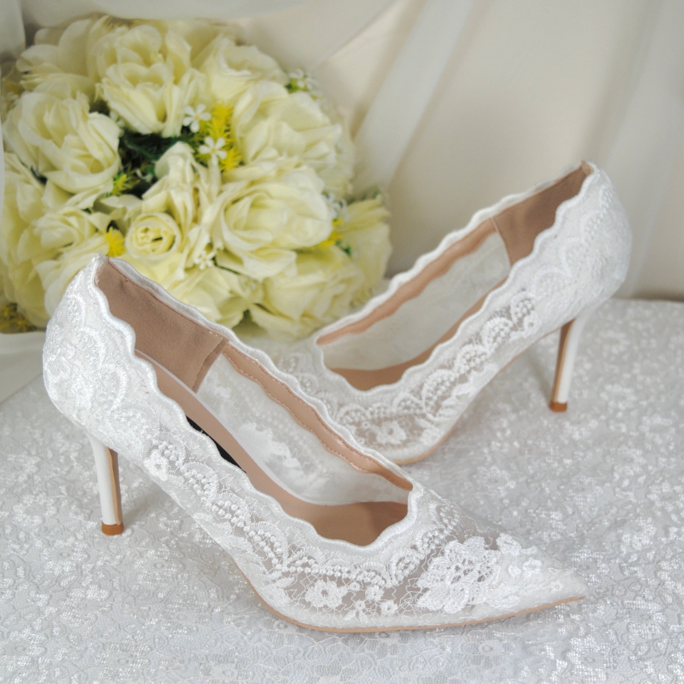Bridal White, Lace Embroidered Shoes 7cm or 9cm Heel
