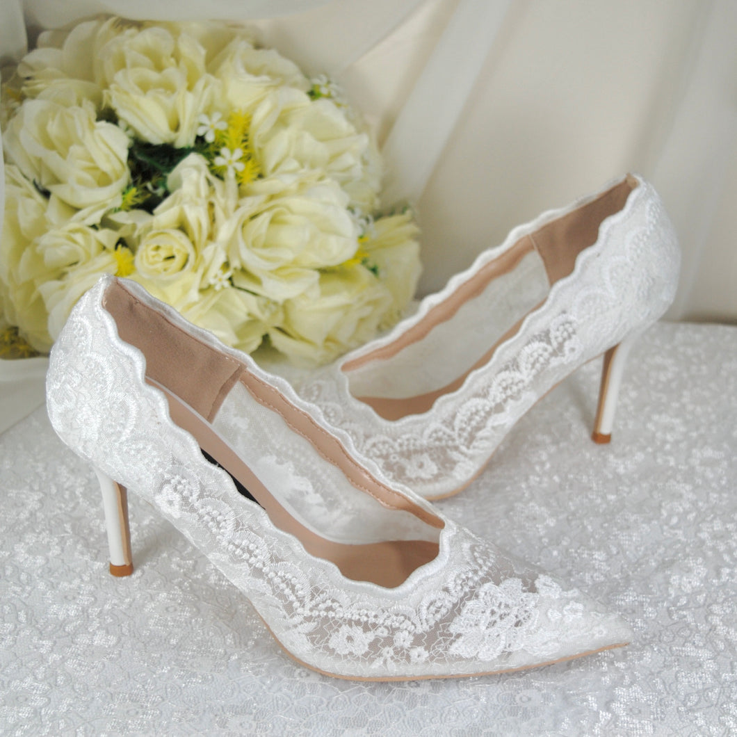 Bridal White, Lace Embroidered Shoes | 7cm or 9cm Heel