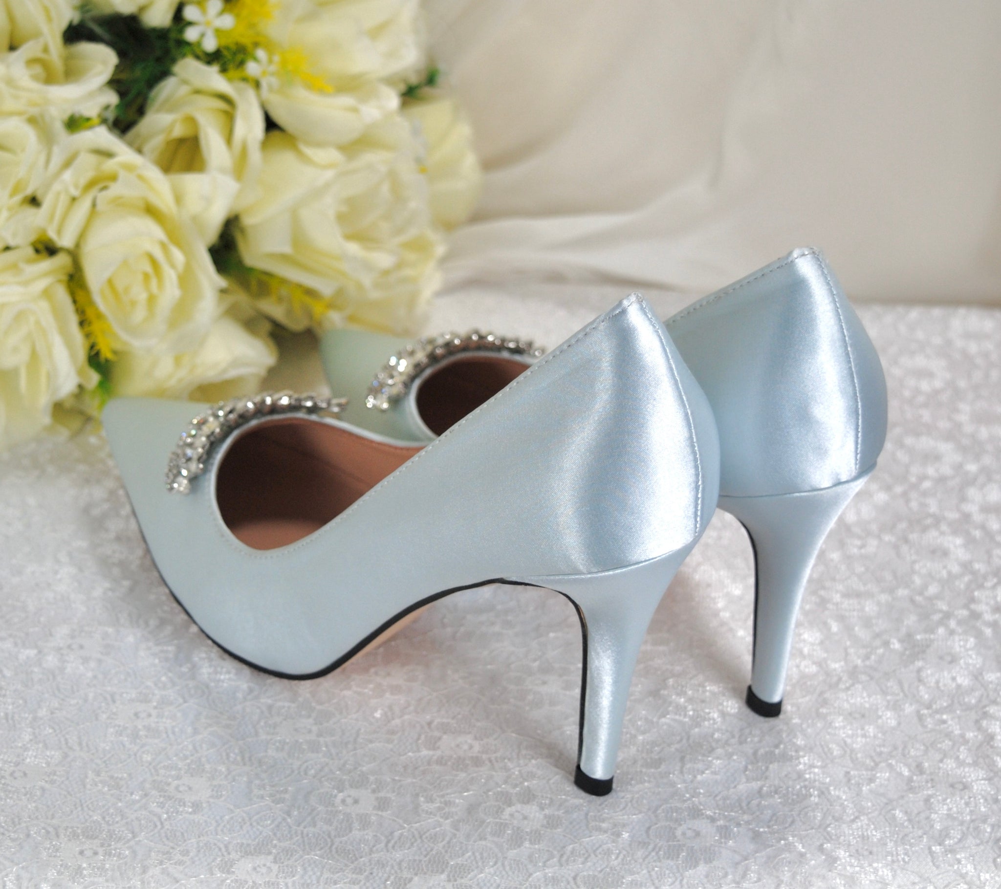 powder blue dress shoes Baby Blue Wedding Shoes Crystal and Pearl Cascade Design Baby Blue Bridal Shoes Blue Kitten Heels 100 Custom Color Choices Dyeable Shoes