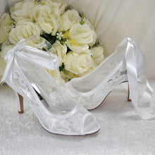 Load image into Gallery viewer, Lace Peep Toe with Ribbon Ankle Tie | White or Ivory
