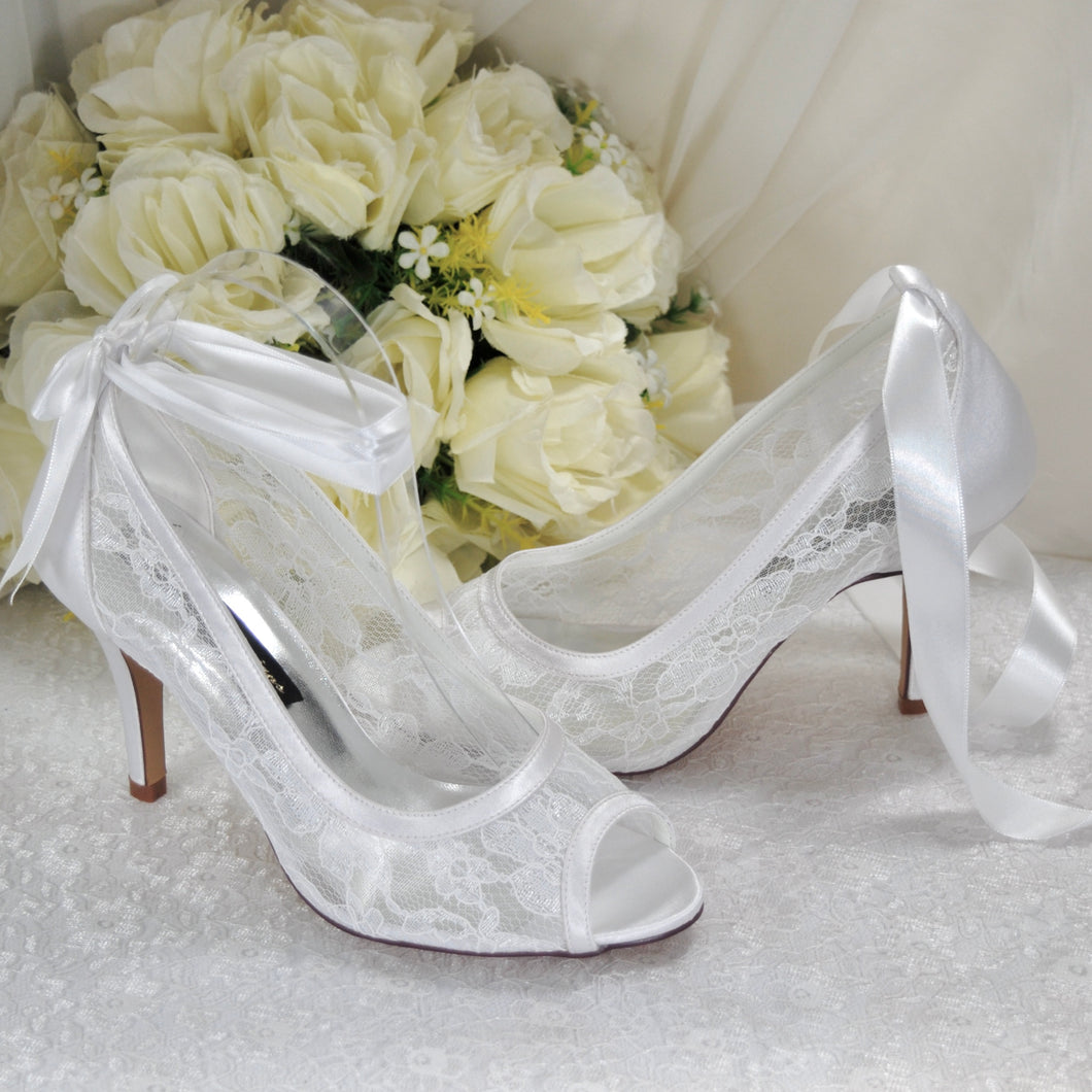 Lace Peep Toe with Ribbon Ankle Tie | White or Ivory