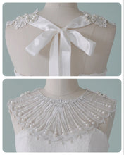 Load image into Gallery viewer, Pearl Embellished Bridal Cape with Satin Ribbon Bow | Sheer Wedding Dress Cover Up
