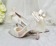 Load image into Gallery viewer, Ivory Lace with/without Crystal Heels &amp; Bow | Removable Ankle Strap
