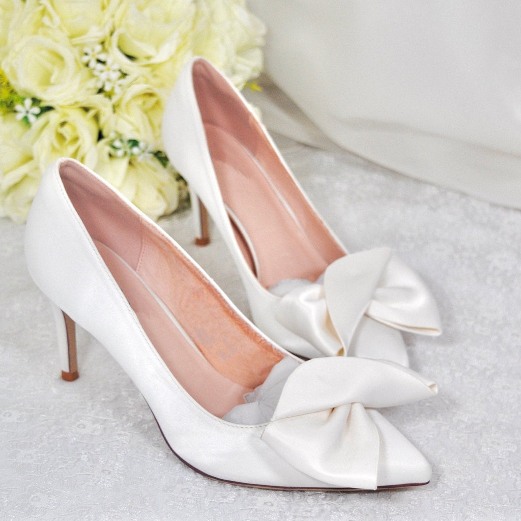 Bridal White Satin Shoes, Elegant Large Bow