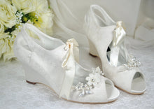 Load image into Gallery viewer, Lace Wedge Heel with Floral Shoe Clip | Ivory or White
