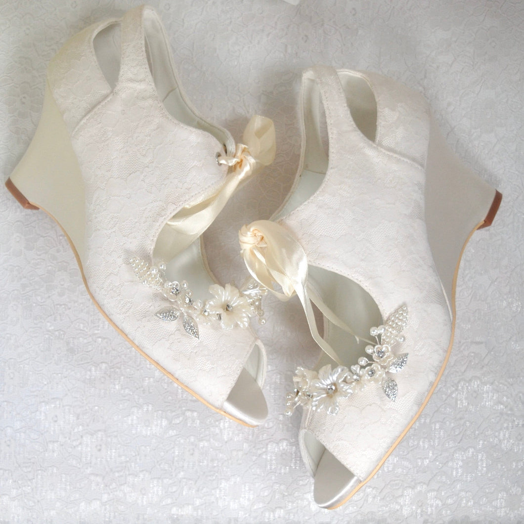 Lace Wedge Heel with Floral Shoe Clip | Ivory or White