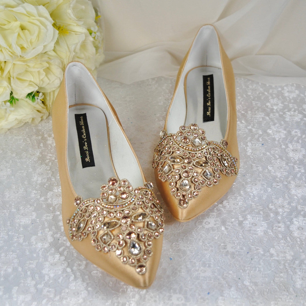 Gold Satin Pointy Toe Flats with Sparkly RHINESTONES APPLIQUÉ