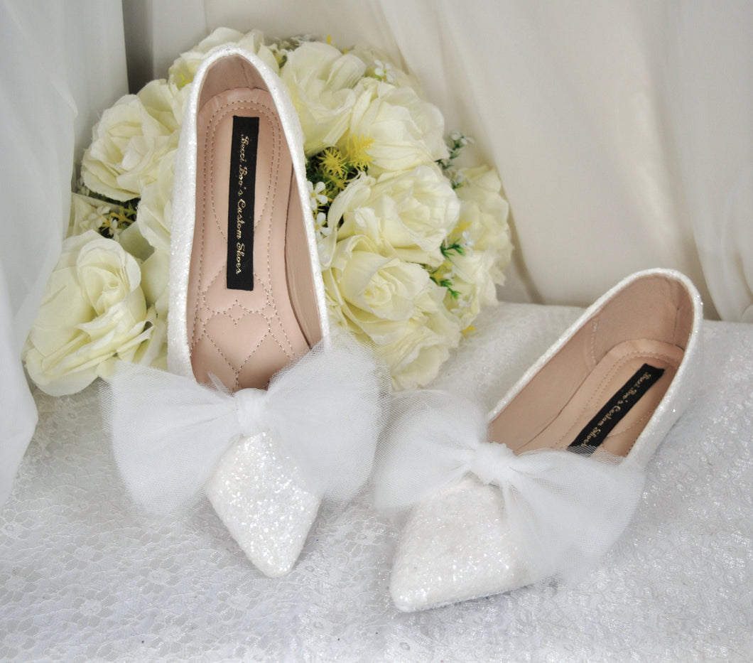 Bridal White Rock Glitter Pointy Toe Flats with Bow
