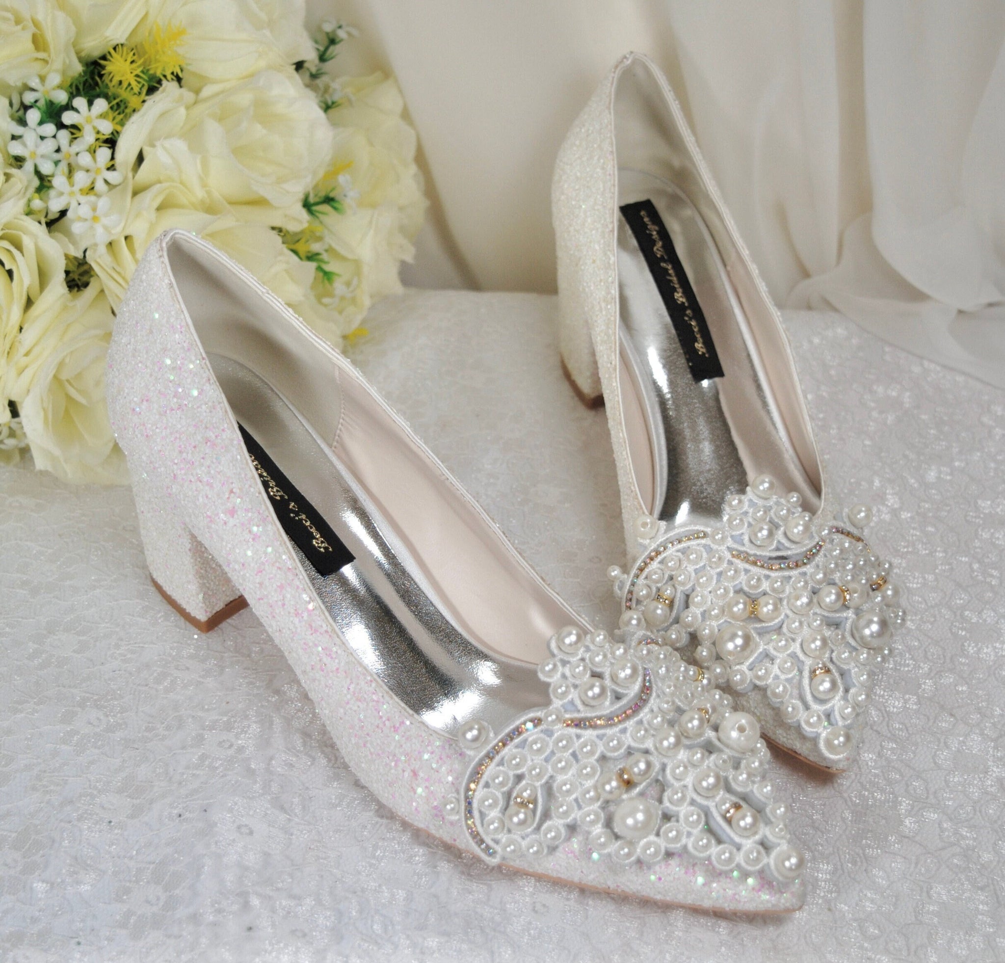 Pearl Block Heel Bridal Shoes 2 Inch Chunky Heel Becci s Bridal Designs