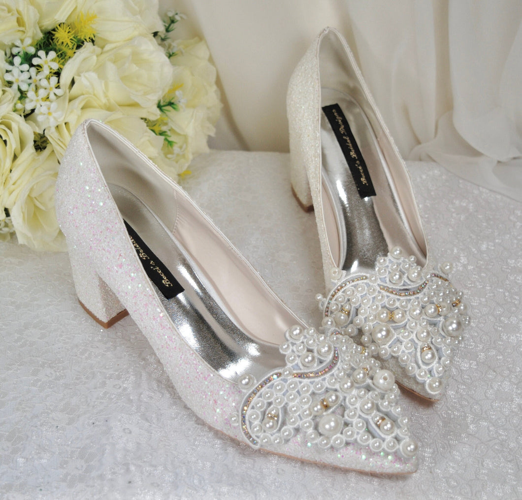 Pearl Block Heel Bridal Shoes | 2 Inch Chunky Heel
