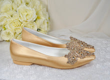 Load image into Gallery viewer, Gold Satin Pointy Toe Flats with Sparkly RHINESTONES APPLIQUÉ
