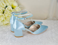 Load image into Gallery viewer, Light Blue Sandals, Satin Block Heels
