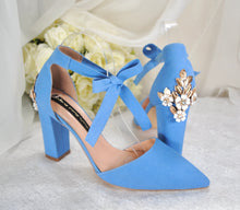 Load image into Gallery viewer, Blue Suede Block Heels with Cherry Blossom
