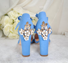 Load image into Gallery viewer, Blue Suede Block Heels with Cherry Blossom
