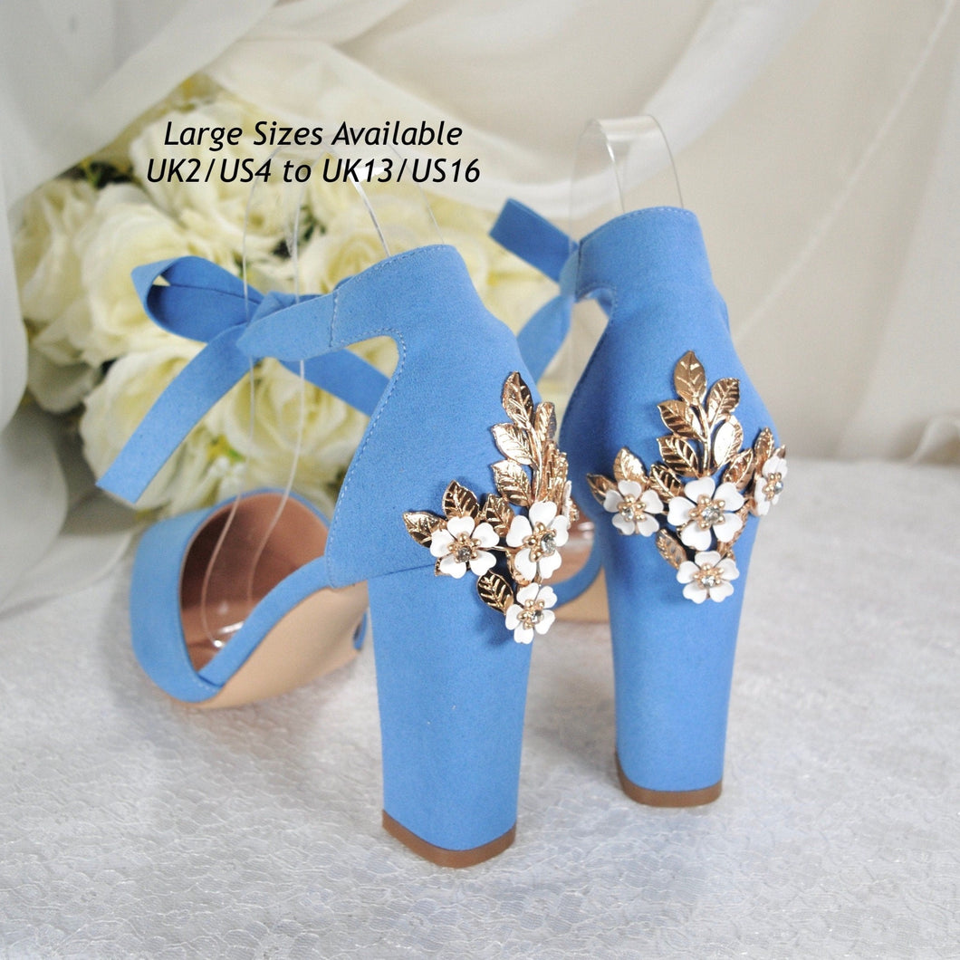 Blue Suede Block Heels with Cherry Blossom