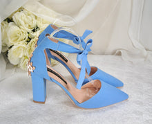 Load image into Gallery viewer, Blue Suede Block Heels with Cherry Blossom

