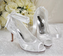 Load image into Gallery viewer, Lace Peep Toe with Ribbon Ankle Tie | White or Ivory
