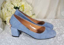 Load image into Gallery viewer, Low Block Heel Blue Suede with &#39;Cherry Blossom&#39;
