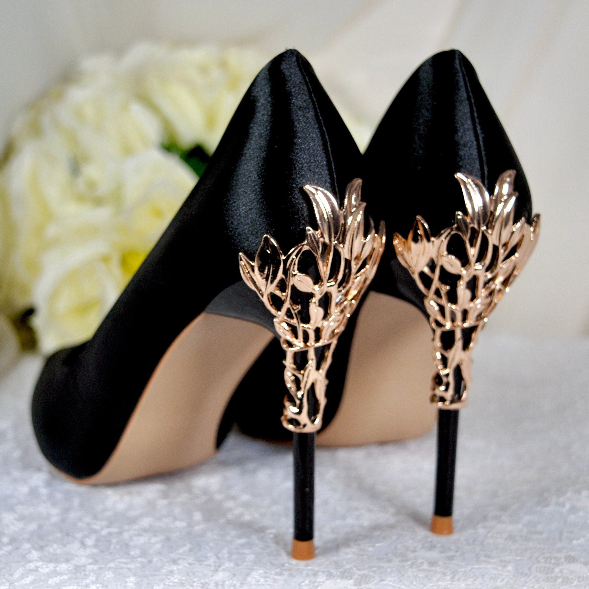 Black Satin Heels with Gold Leaf Details Becci's Bridal Designs Black Satin Heels with Gold Leaf Details Becci's Bridal Designs