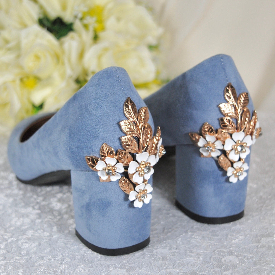 Low Block Heel Blue Suede with 'Cherry Blossom'
