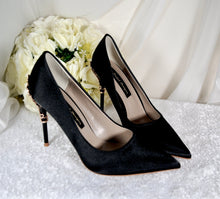 Load image into Gallery viewer, Black Satin Heels with Gold Leaf Details
