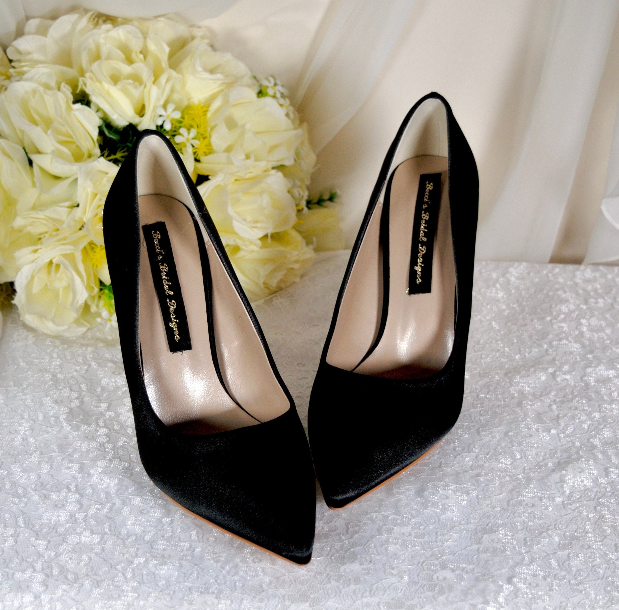 Black Satin Heels with Gold Leaf Details Becci's Bridal Designs Black Satin Heels with Gold Leaf Details Becci's Bridal Designs