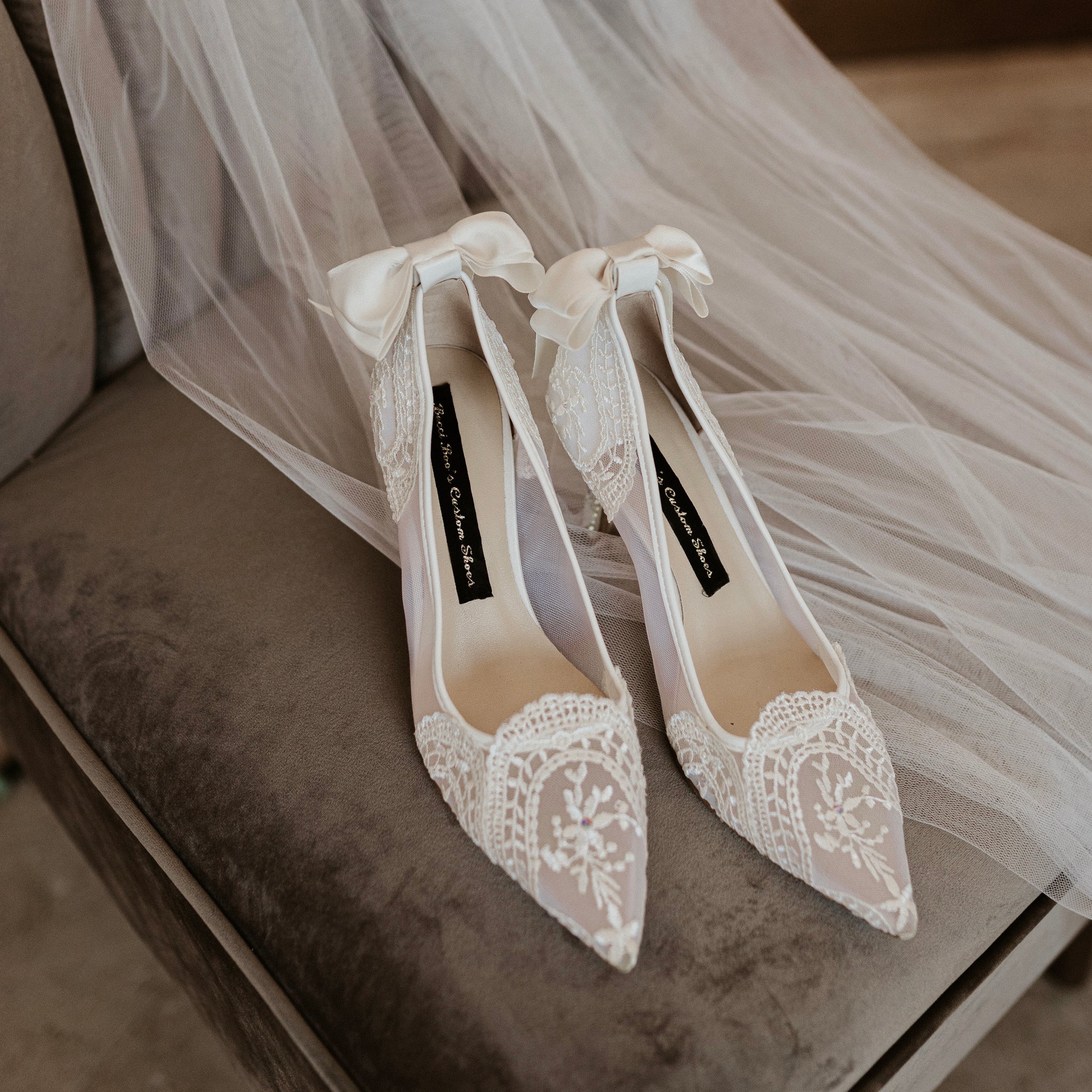 Ivory Lace with/without Crystal Heels & Bow | Removable Ankle Strap Becci's Bridal Designs Ivory Lace with/without Crystal Heels & Bow | Removable Ankle Strap Becci's Bridal Designs