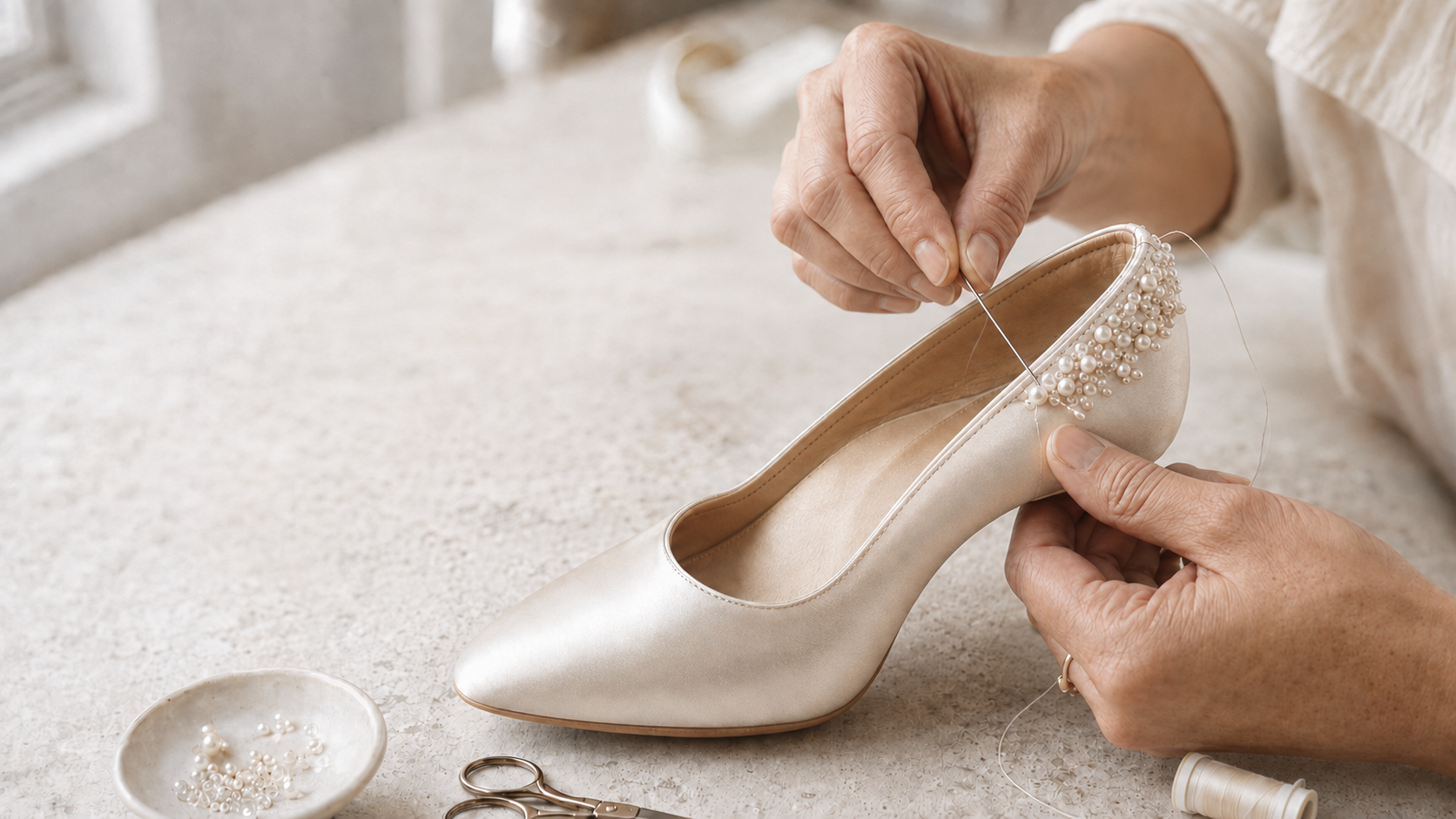 Bridal shoes being hand beaded in the atelier